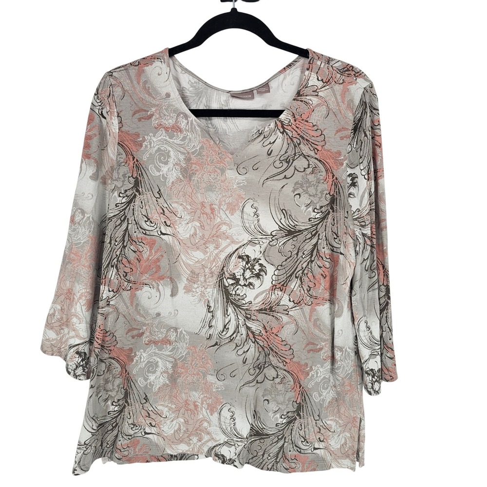 Chico's V-Neck Tunic Womens Size 2 L Gray Pink Paisley 3/4 Sleeve Scroll Print
